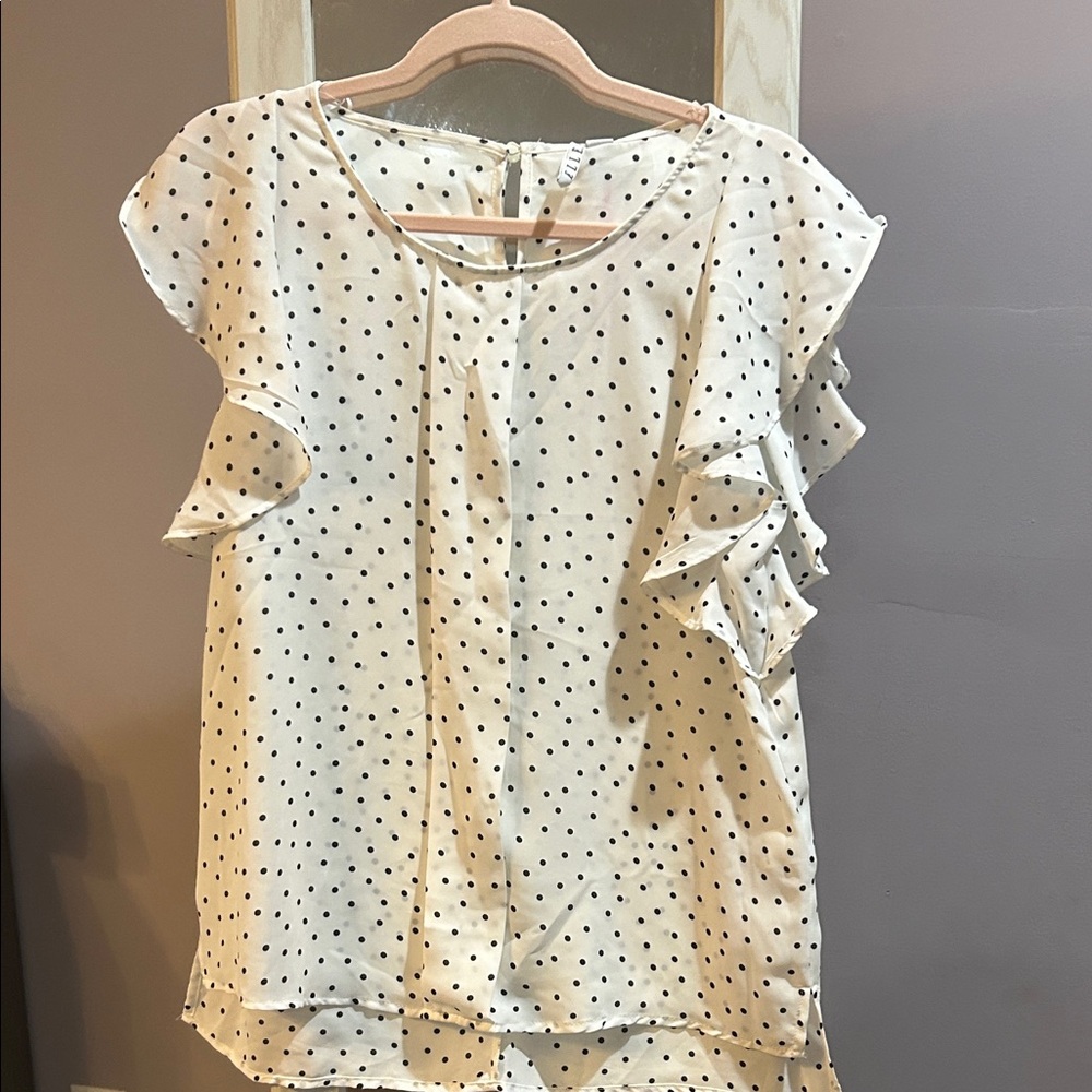 Elle White and Black Polka Dot Ruffle Blouse